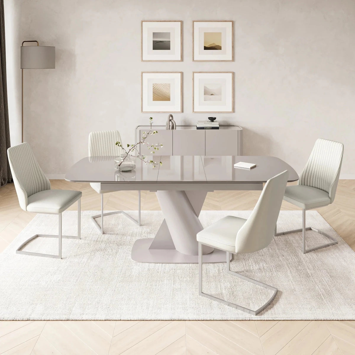 Shop the Lorenzano Taupe Glass Extending Dining Table with Milan Light Grey Faux Leather Chairs. Choose 130–170cm or 160–200cm tables with 4, 6 or 8 chairs.