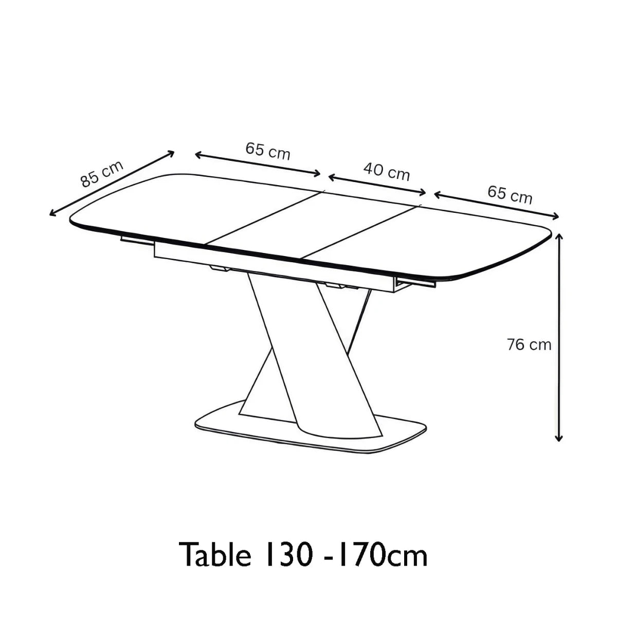 Black and white line drawing of a Lorenzano rectangular table with dimension arrows and labels including 85 cm, 65 cm, 40 cm, 65 cm, and 76 cm, plus the text 'Table 130 -170cm' below.