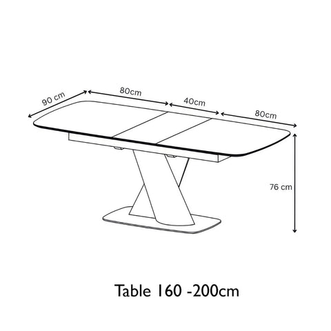 Black and white line drawing of a rectangular Lorenzano Extending table with dimension arrows and labels showing 90 cm, 80 cm, 40 cm, 80 cm, and 76 cm, with the text 'Table 160 -200cm' below.