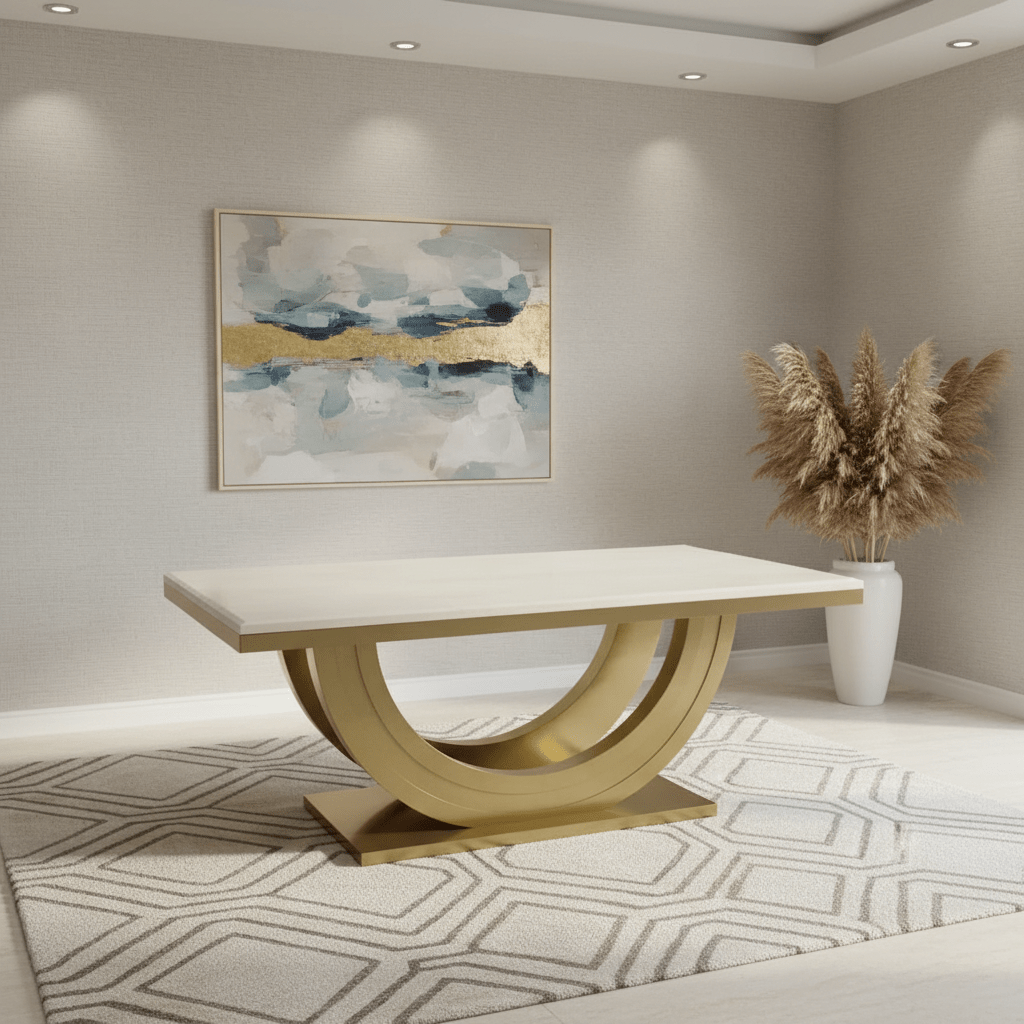 Lucas 2m Gold & Cream Marble Dining Table