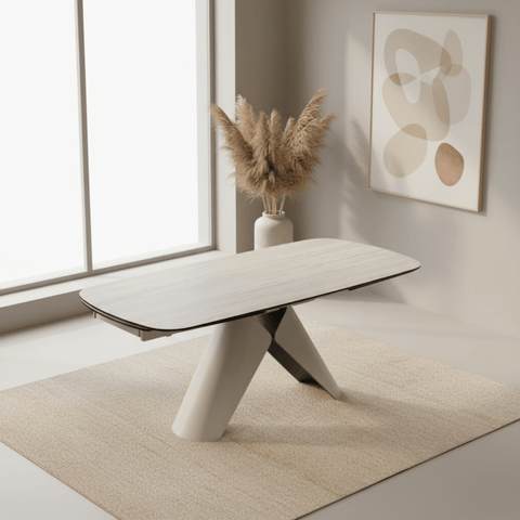 Lucio Extending Dining Table Champagne Base & Travertine Top 180–280cm