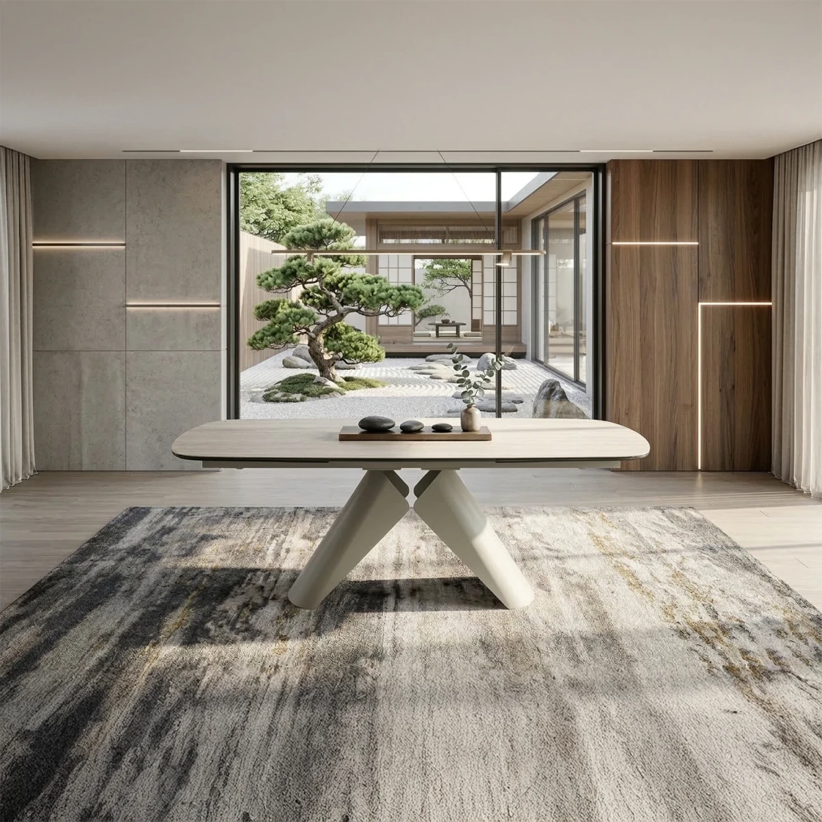 Shop the Lucio extending dining table with travertine top and champagne sculptural base. Luxury table extending from 180cm to 280cm.