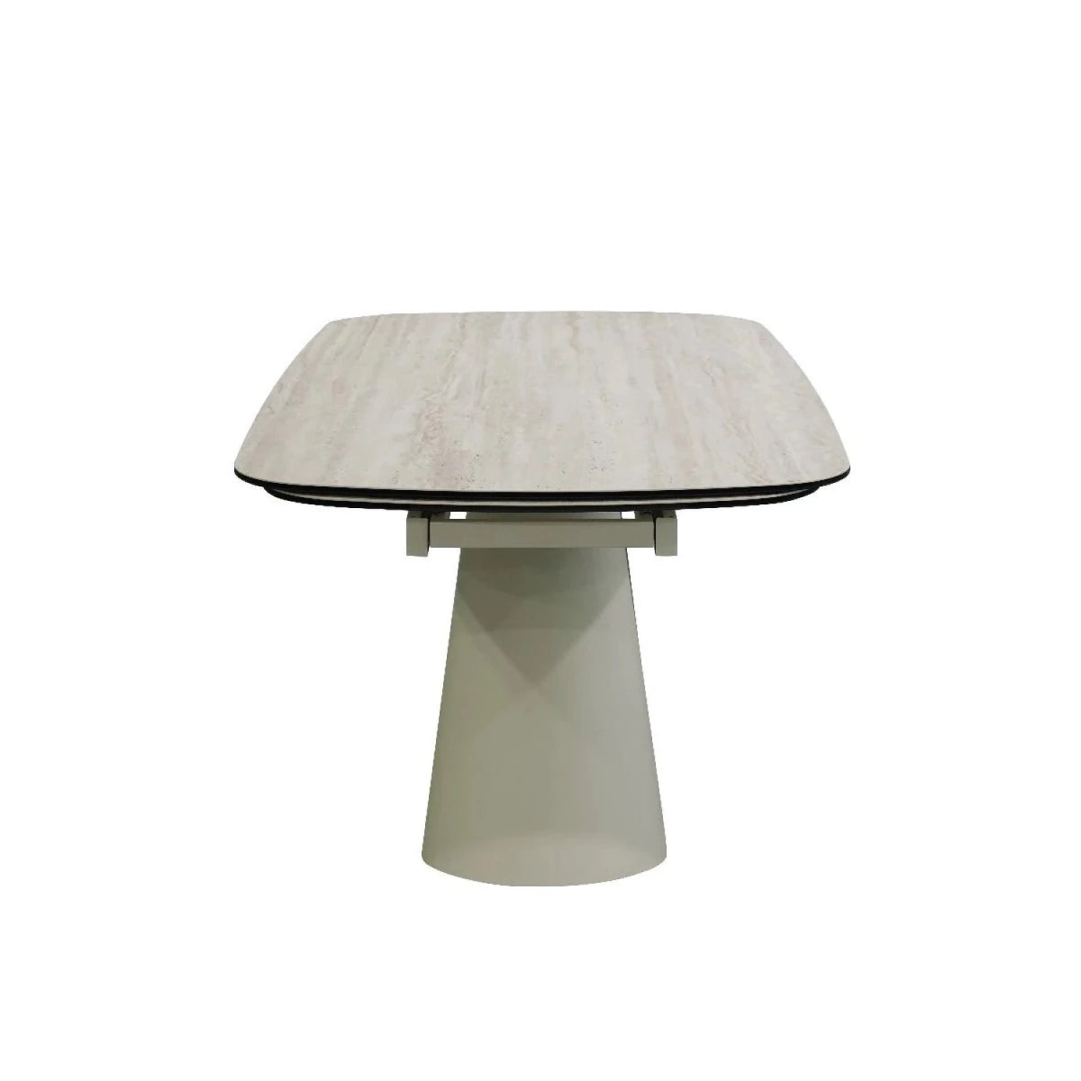 Side view of Contemporary dining table with sculptural pedestal base