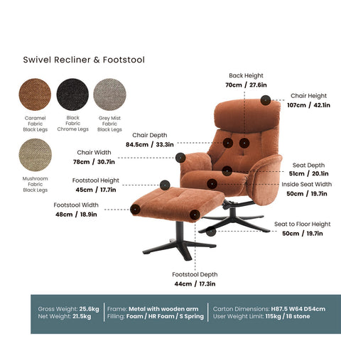 Lucy Fabric Swivel Recliner Chair & Footstool