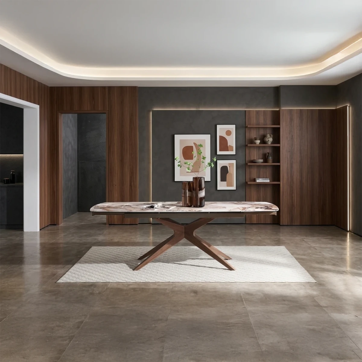 Luna extending dining table walnut base Pandora Vendome top