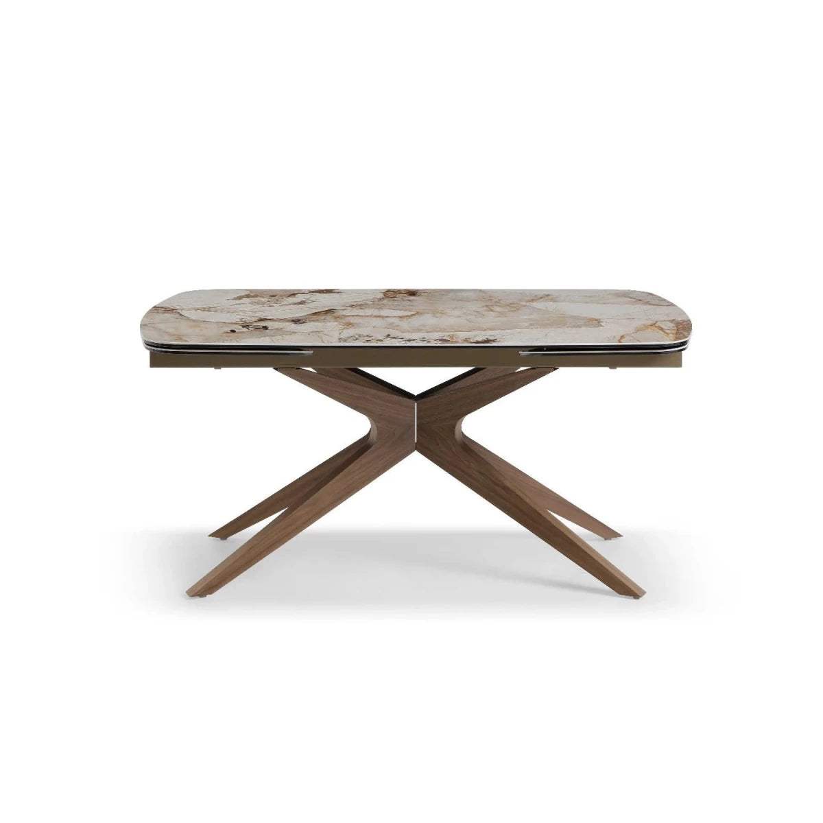 Dining table with ceramic top and wooden legs on a white background