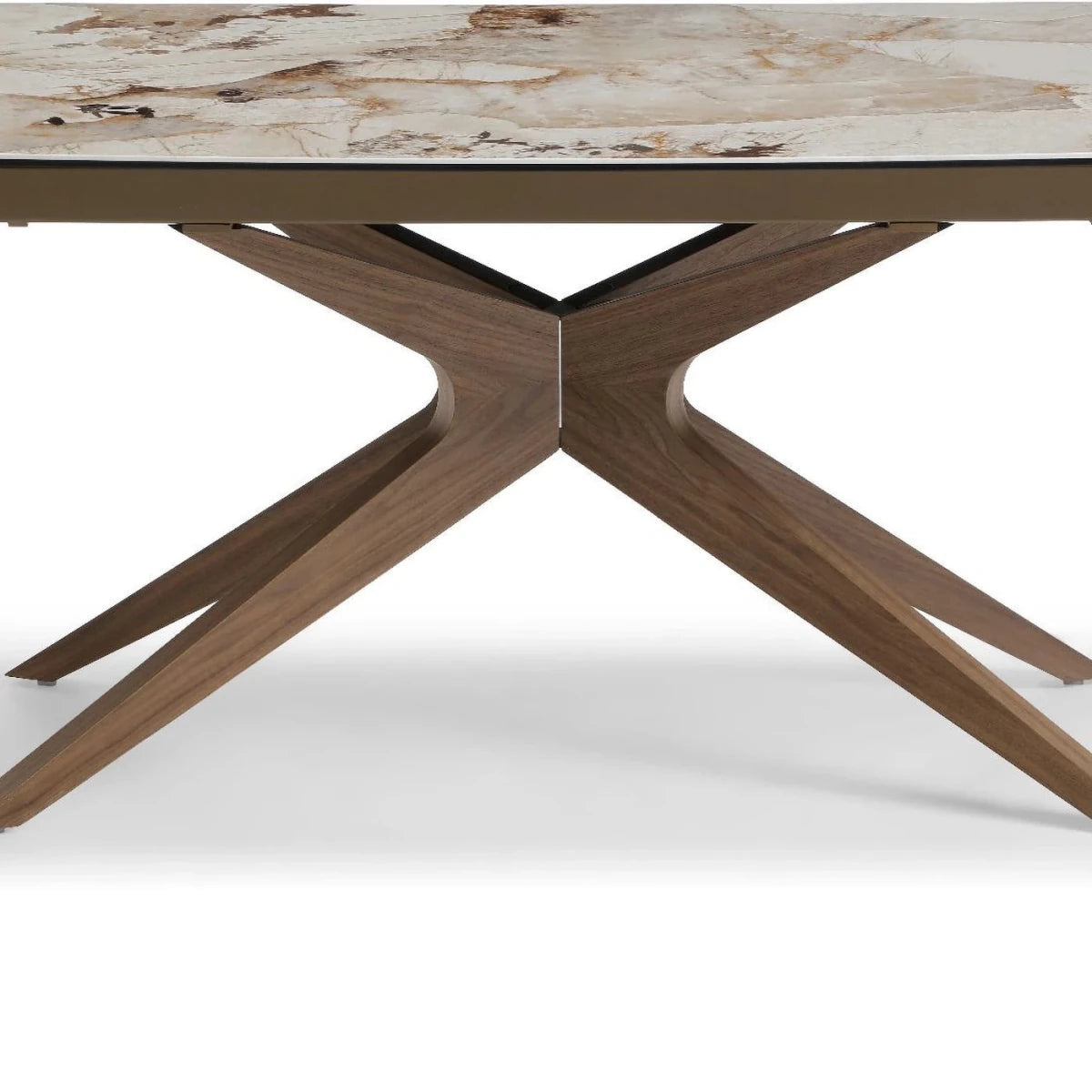 Close up Luna extending dining table walnut base Pandora Vendome top