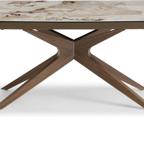 Close up Luna extending dining table walnut base Pandora Vendome top