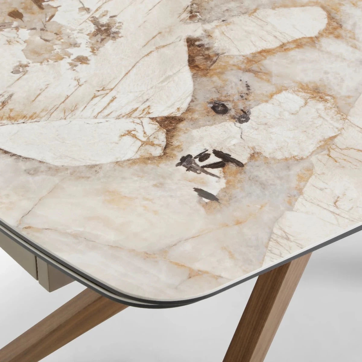 Close up table top of Luna Extending Dining Table Walnut Pandora Stone