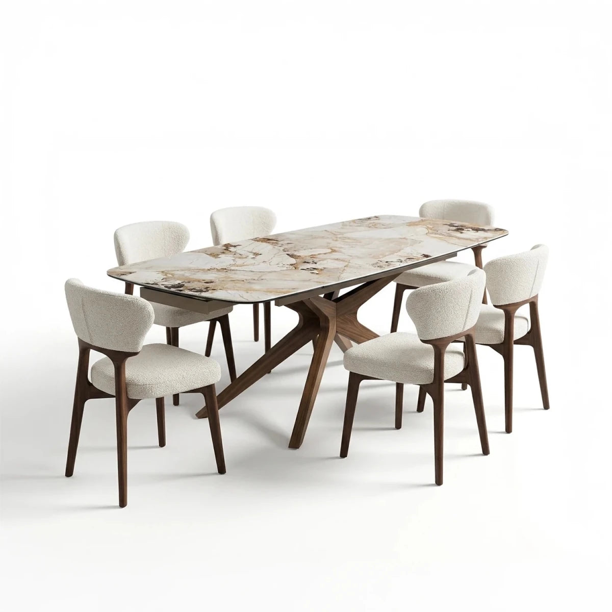 Luna extending dining table with Pandora Vendome stone top and Antonio walnut & cream dining chairs. Available with 4, 6 or 8 chairs.