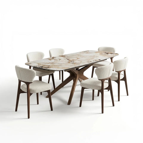 Luna extending dining table with Pandora Vendome stone top and Antonio walnut & cream dining chairs. Available with 4, 6 or 8 chairs.