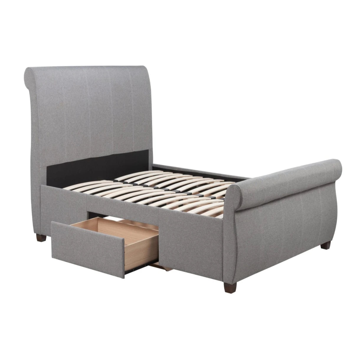 Upholstered bed with spacious under bed storage solution.
