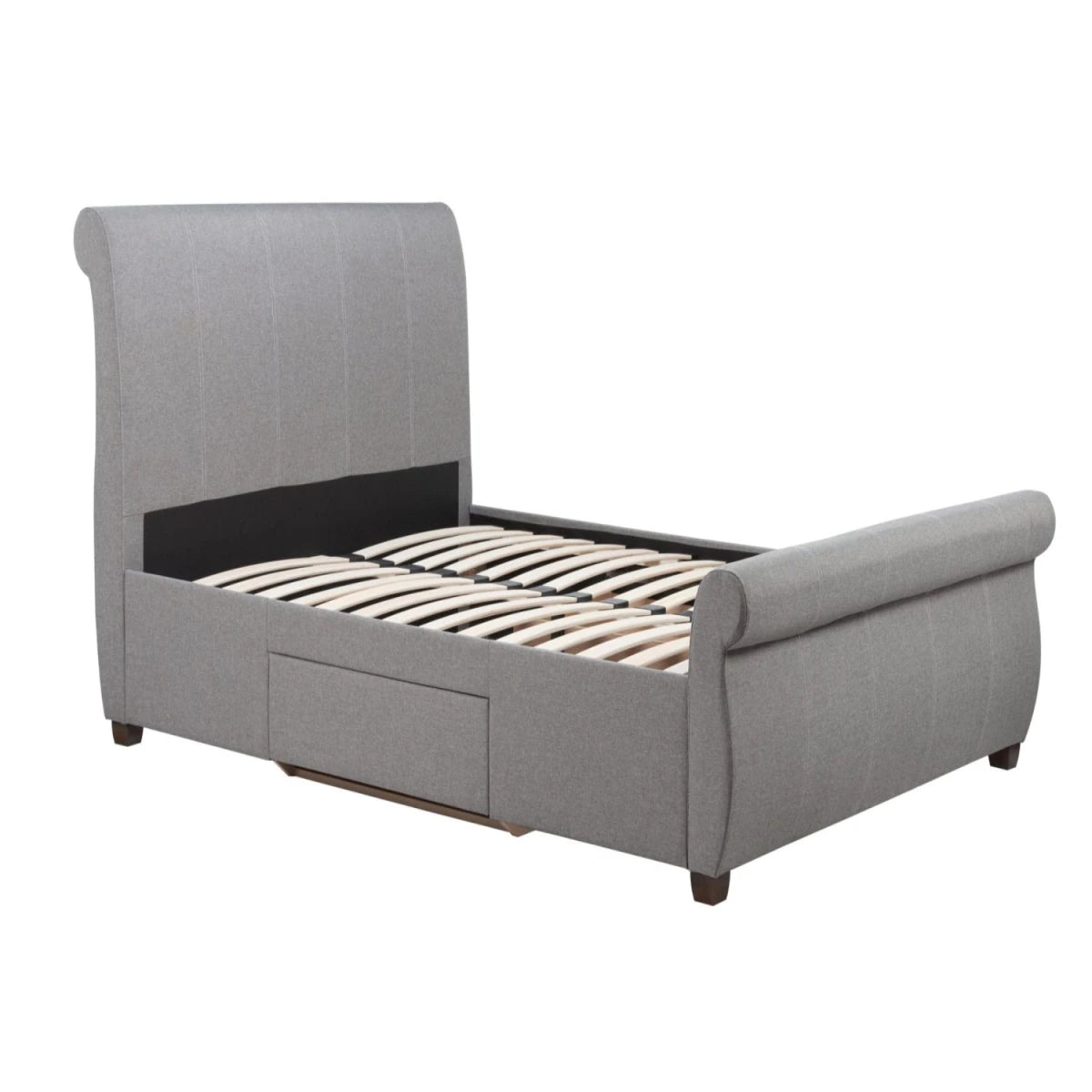 Bed frame back view with reinforced structure and curved design.