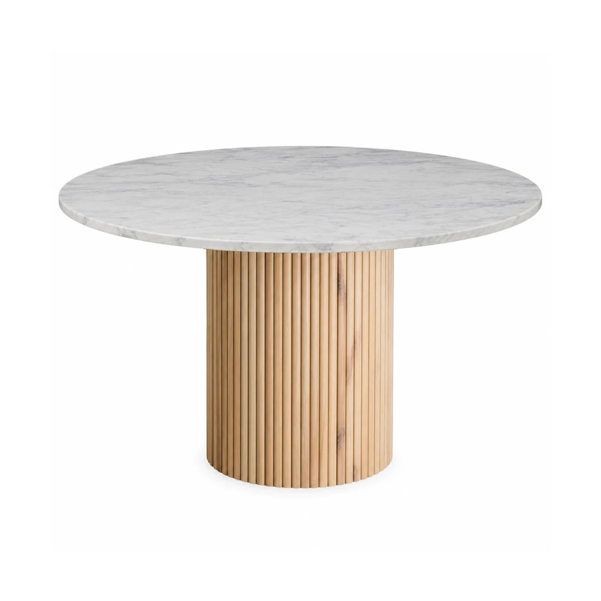 A round dining table featuring a white marble top with subtle gray veining and a fluted light oak wood pedestal base, shown against a plain white background.
