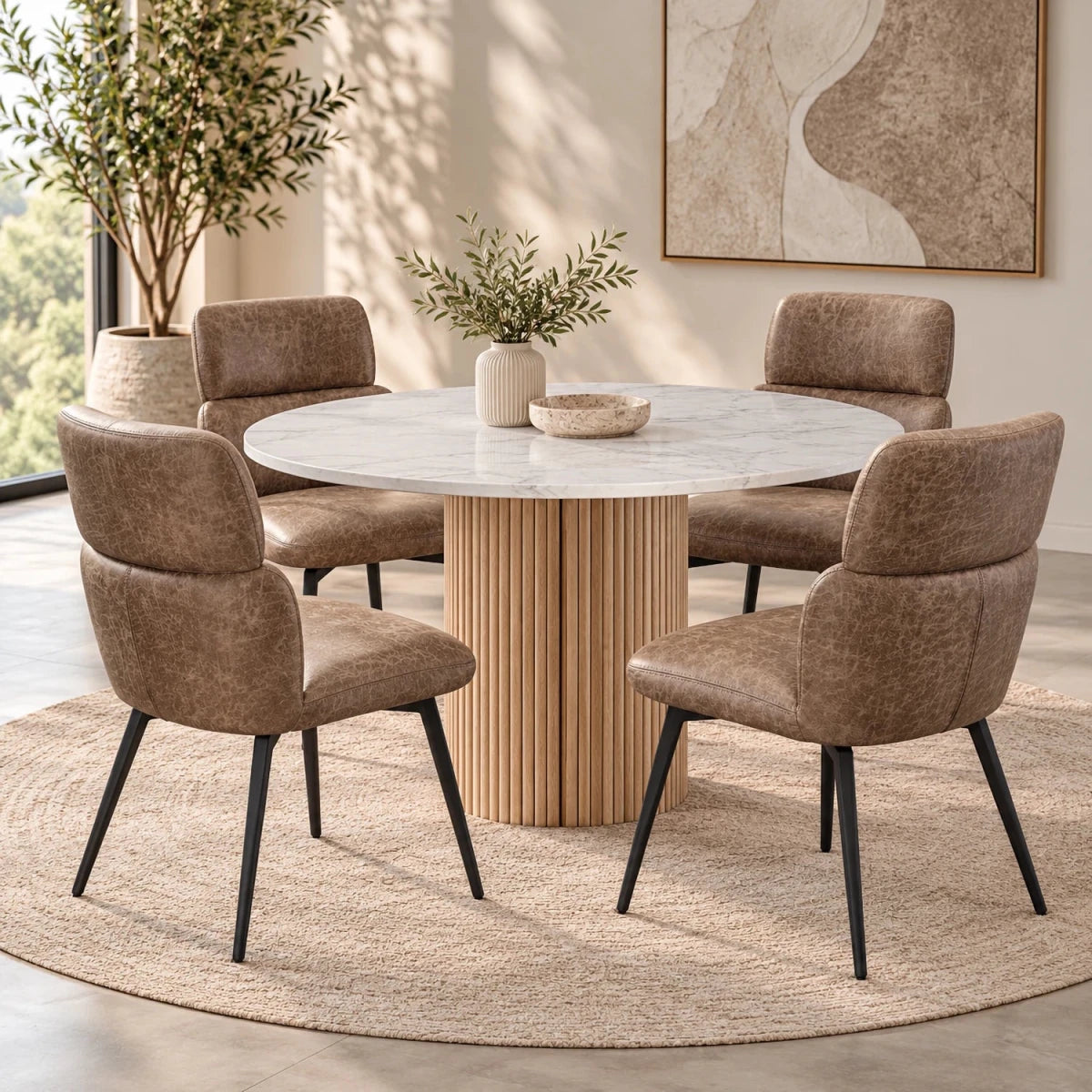 Shop the Lusso 120cm Round White Marble Dining Table with 4 Sydney Vintage PU Leather Chairs. Natural marble top, fluted mango wood base and two chair colours.