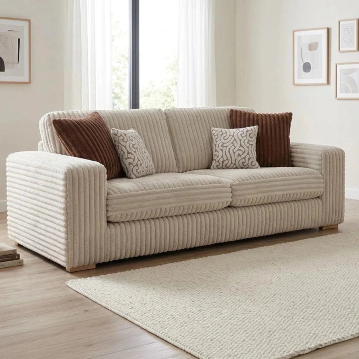 Modern small sofa with textured fabric finish.