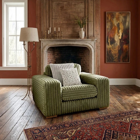 Contemporary chair with soft fabric finish.