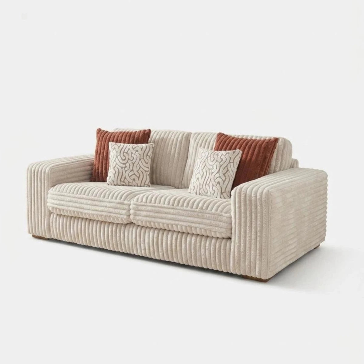 Stylish 3 seater sofa with cord upholstery, oak feet, and decorative cushions.