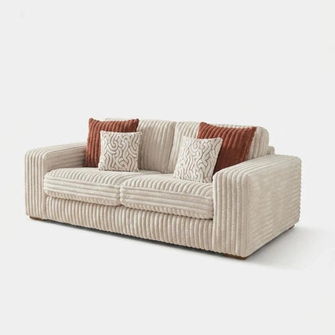 Stylish 3 seater sofa with cord upholstery, oak feet, and decorative cushions.