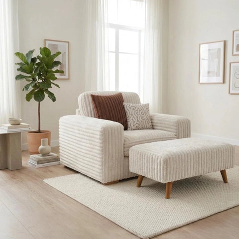 Comfortable chair with soft cord fabric, wooden feet, and cushion support.