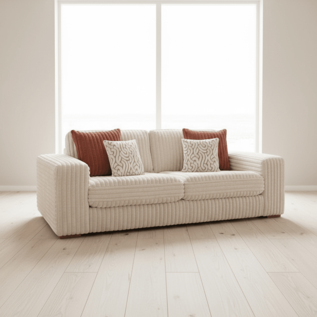 Luton Versailles 3 seater sofa with cord fabric, wooden feet, and patterned cushions.