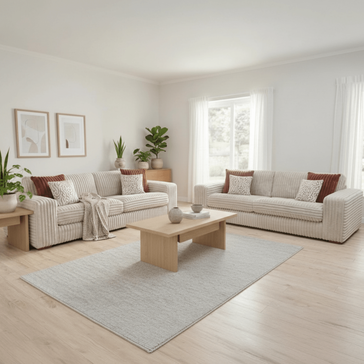 Luton Versailles 4,3seater sofa with cord fabric, wooden feet, and patterned cushions