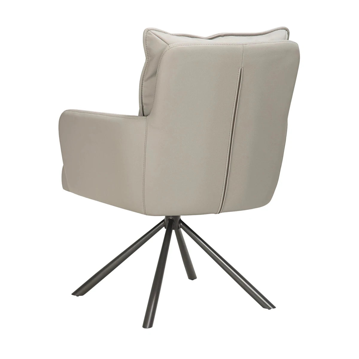 Back view of Luxe leather effect swivel dining chairs with arms in Latte. Premium deep-padded comfort with a swivel base. 