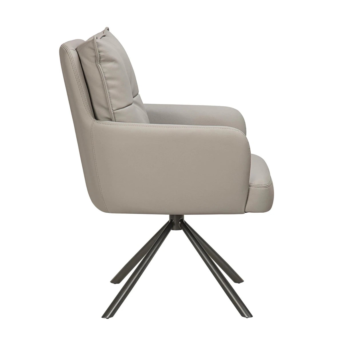 Side view of Luxe leather effect swivel dining chairs with arms in Latte. Premium deep-padded comfort with a swivel base. 