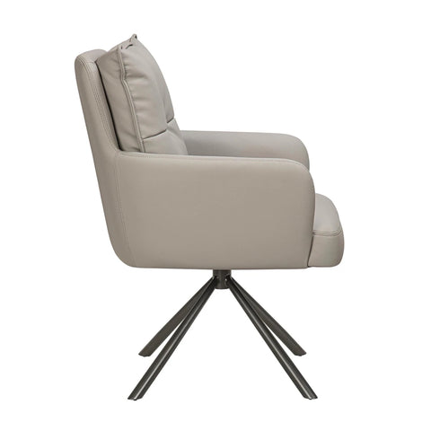 Side view of Luxe leather effect swivel dining chairs with arms in Latte. Premium deep-padded comfort with a swivel base. 