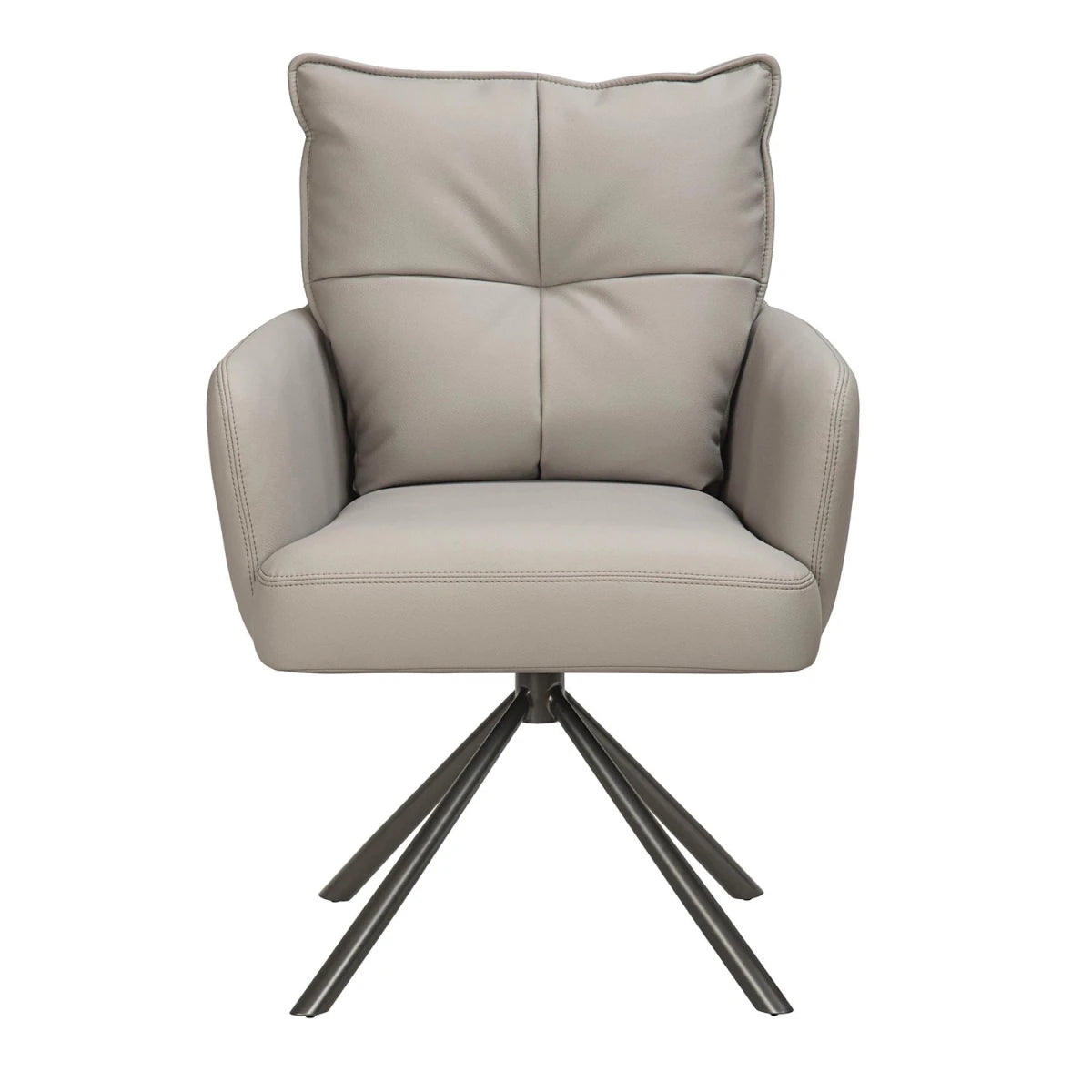 Front view of Luxe leather effect swivel dining chairs with arms in Latte. Premium deep-padded comfort with a swivel base. 