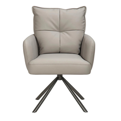 Front view of Luxe leather effect swivel dining chairs with arms in Latte. Premium deep-padded comfort with a swivel base. 