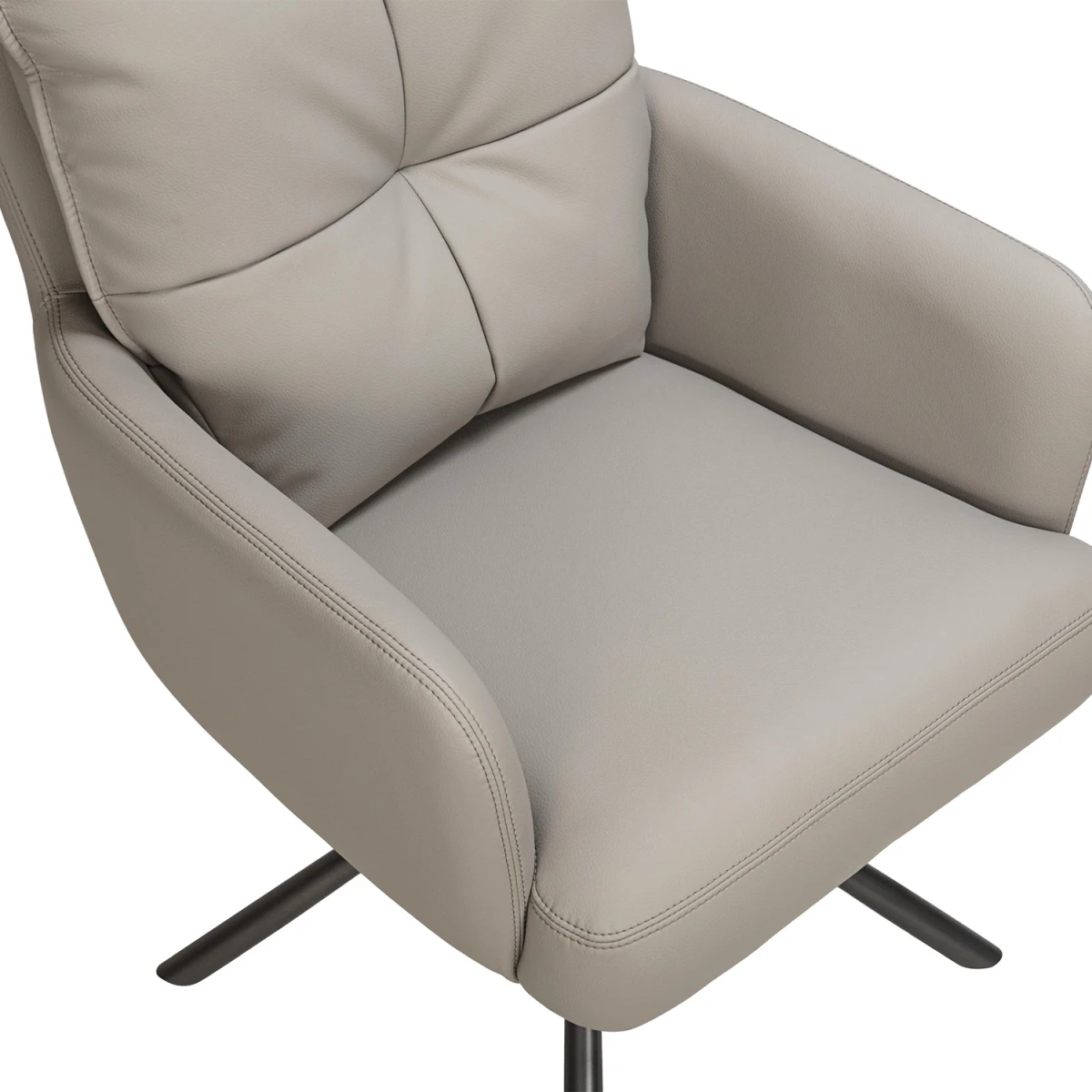 Close up of Luxe leather effect swivel dining chairs with arms in Latte. Premium deep-padded comfort with a swivel base. 