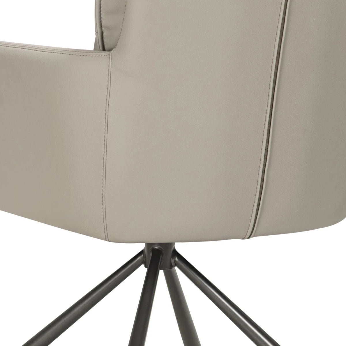 Close-up of a modern swivel office chair with a light beige upholstered seat and backrest, featuring a black metal three-star base, shown against a plain white background.