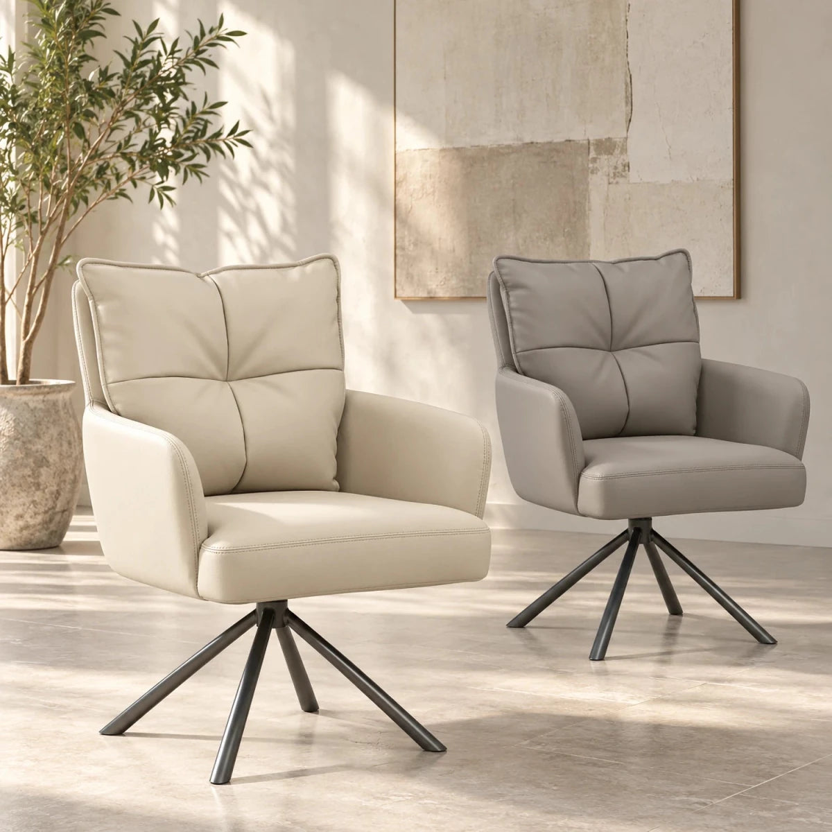 Shop Luxe leather effect swivel dining chairs with arms in Latte or Taupe. Premium deep-padded comfort with a swivel base. Sets of 4, 6 or 8.