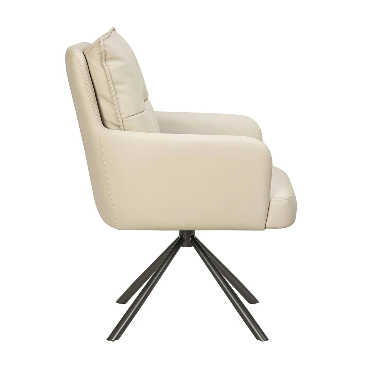 Luxe leather effect swivel dining chairs with arms in Taupe. Premium deep-padded comfort with a swivel base Black Metal Legs