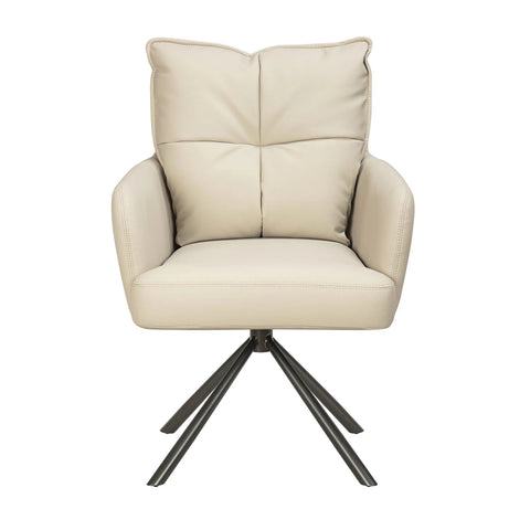 A modern swivel armchair upholstered in light beige faux leather with a high segmented backrest and a black metal four-star base, shown against a plain white background.