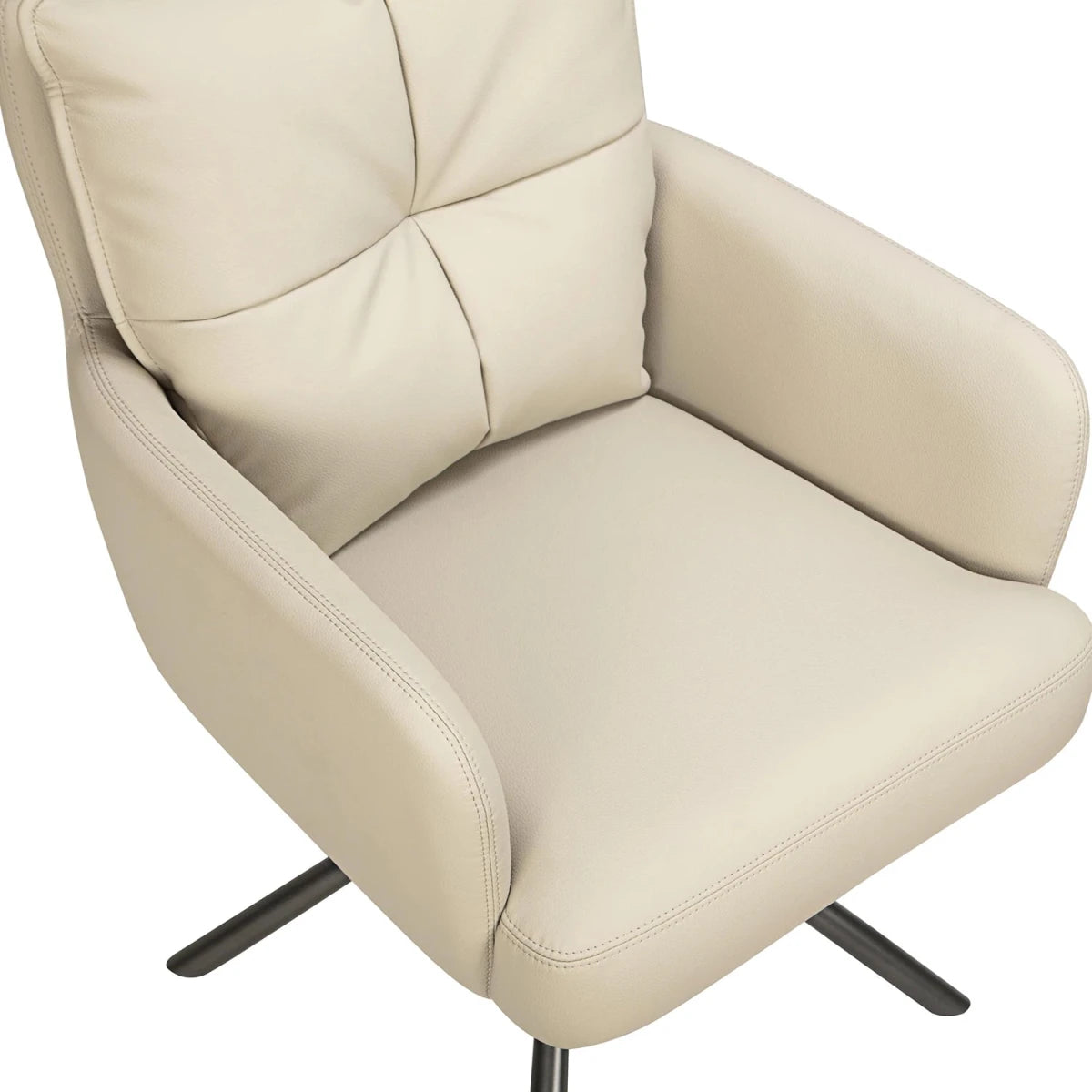 Close up of Luxe leather effect swivel dining chairs with arms in Taupe. Premium deep-padded comfort with a swivel base. 