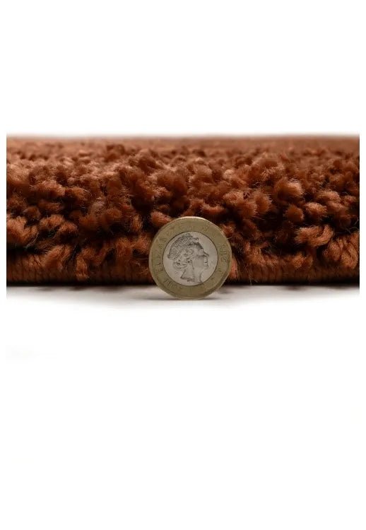 Shaggy rug close-up showing deep pile and soft terra fibers.