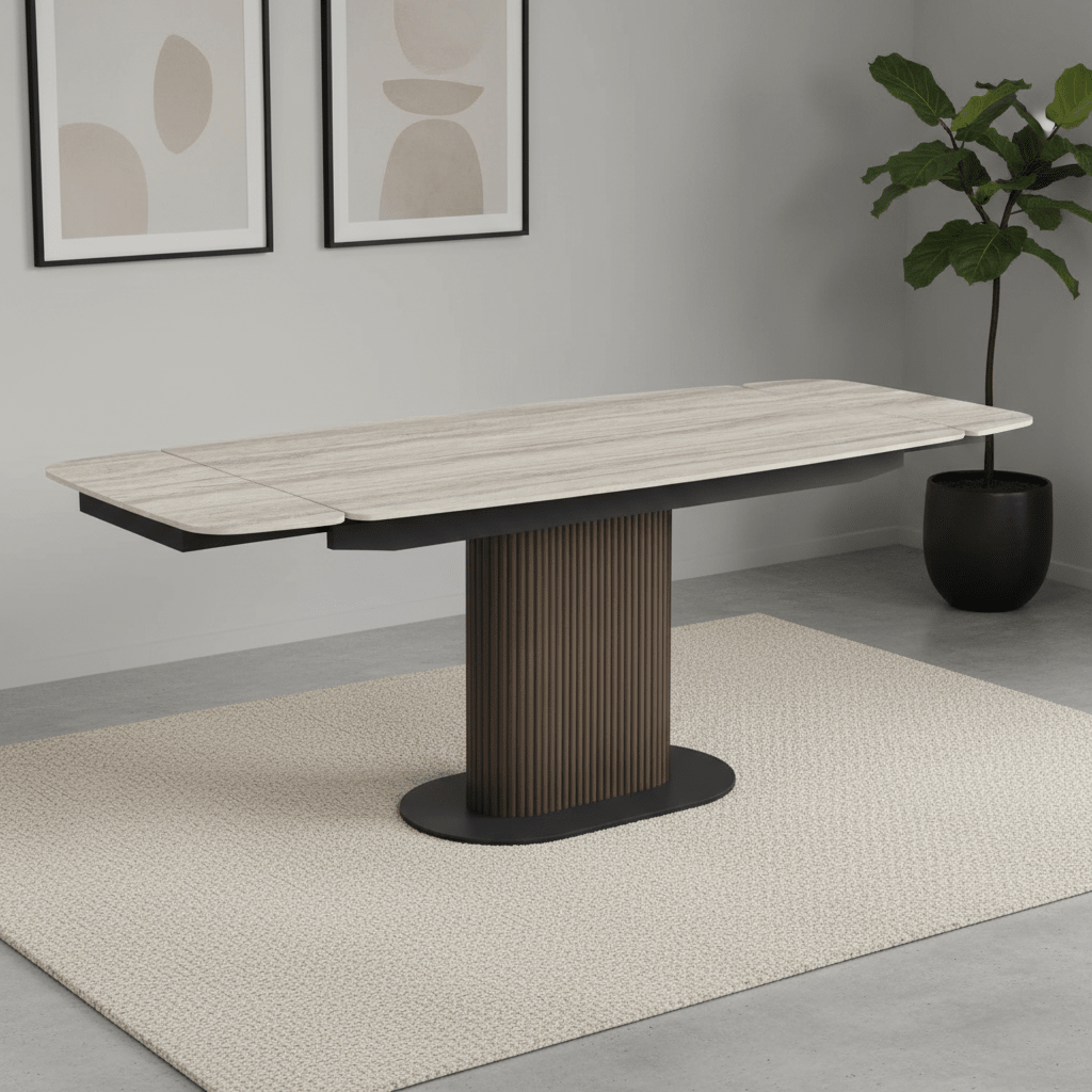 Umbria Ivory Grey Travertine Ceramic Extending Dining Table
