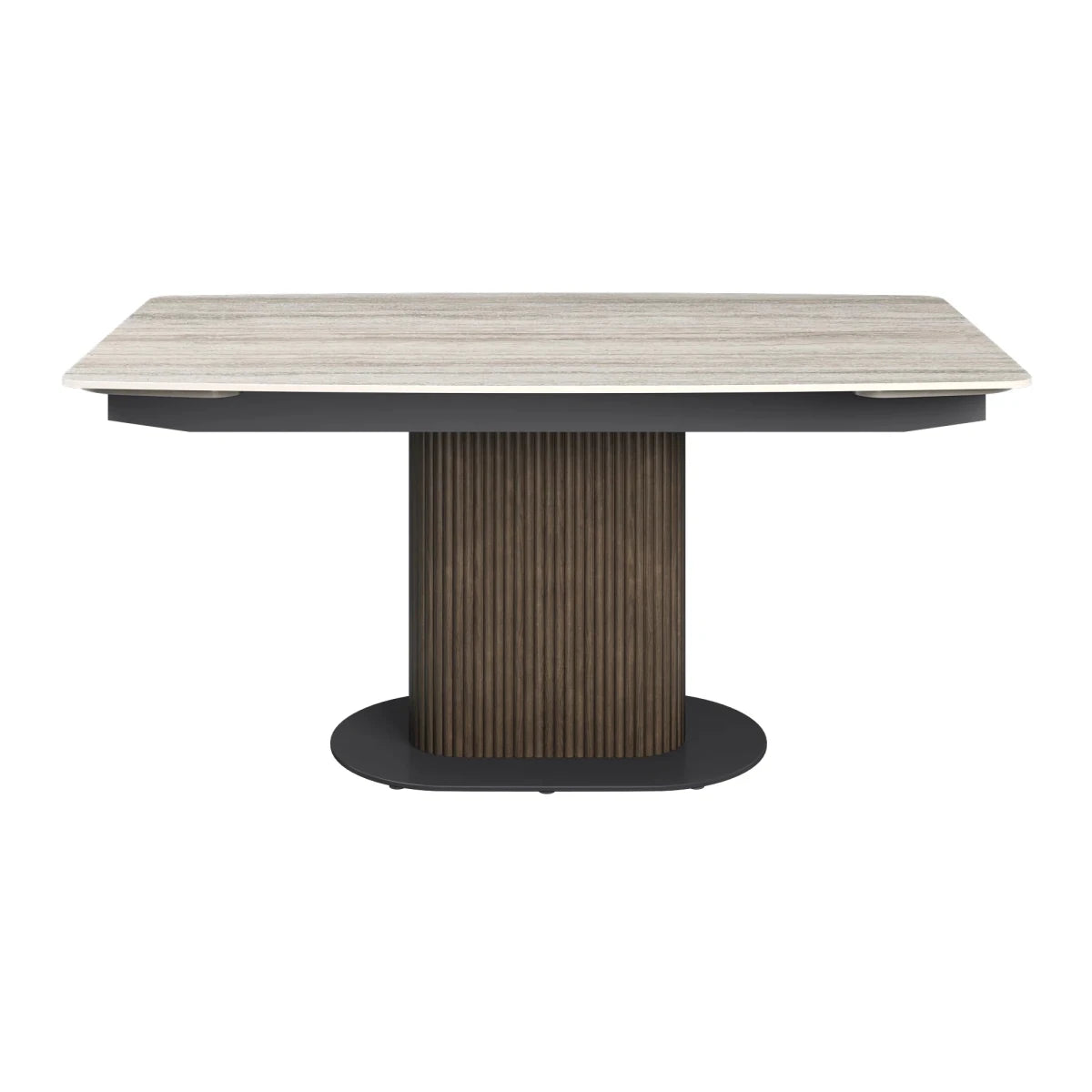 Umbria rectangular extending dining table with Ivory Grey travertine ceramic top and wooden pedestal base