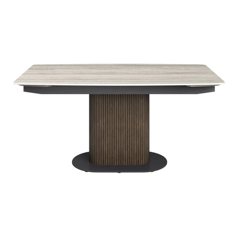 Umbria rectangular extending dining table with Ivory Grey travertine ceramic top and wooden pedestal base