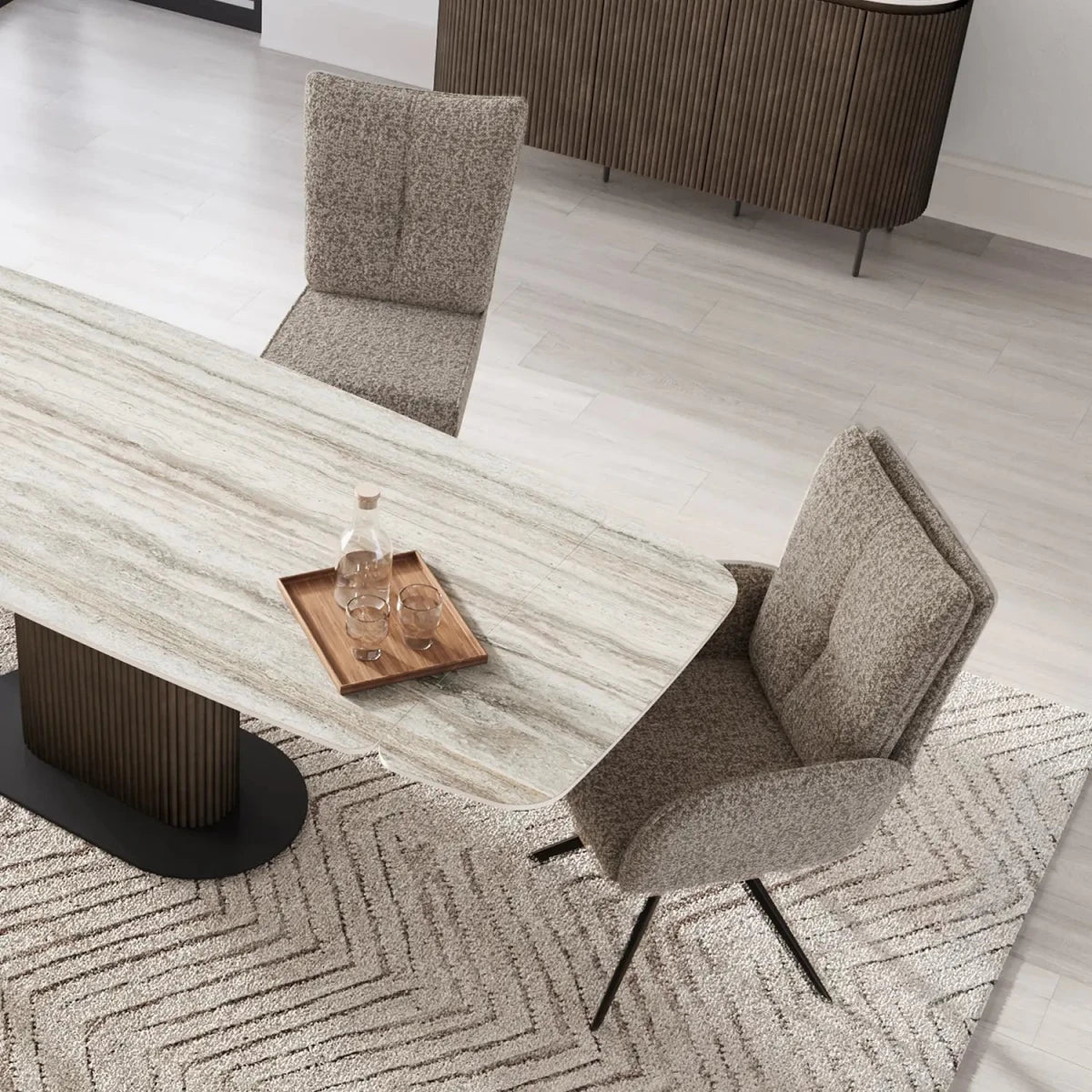 Overview of Umbria dining table extended with travertine ceramic top