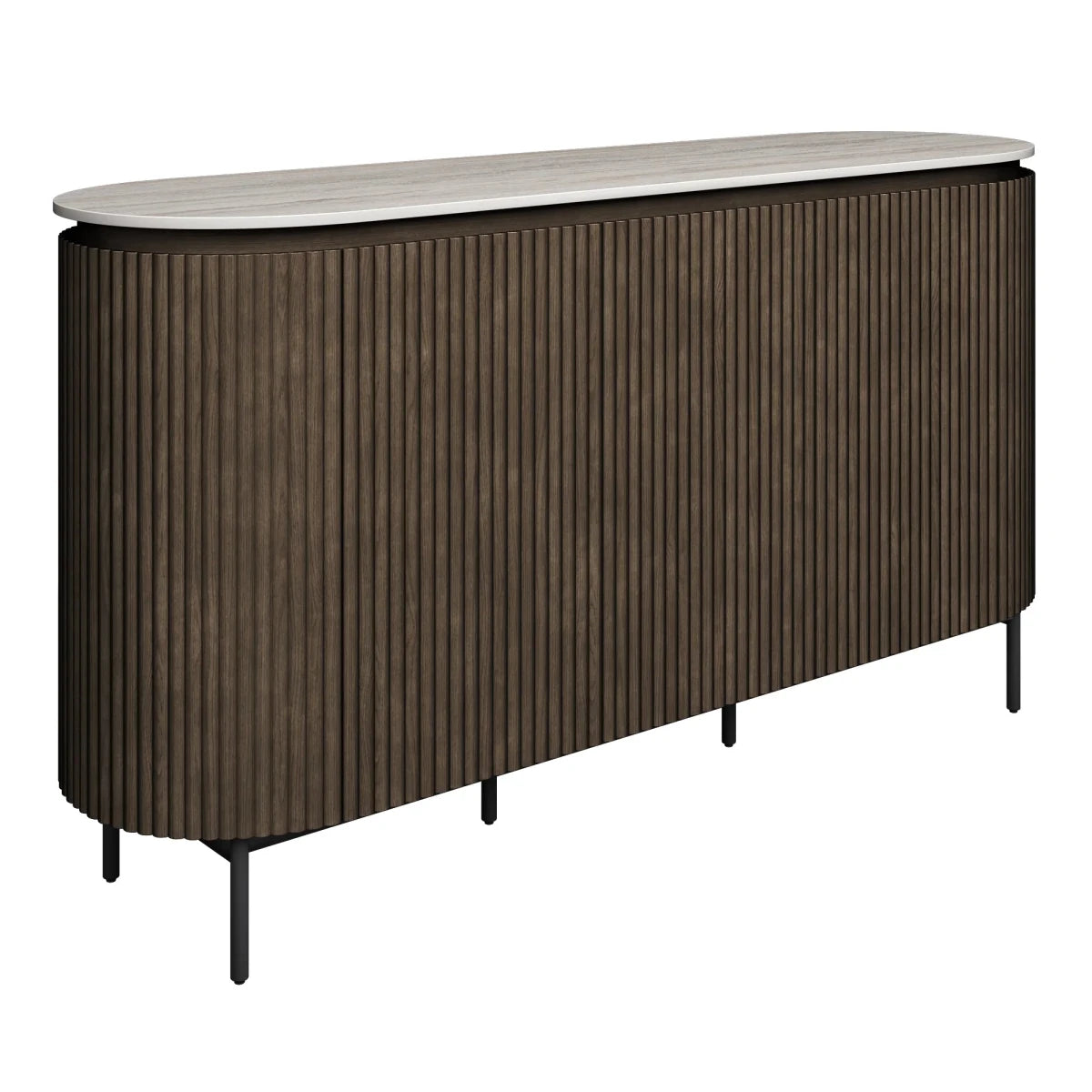 Umbria ivory grey travertine ceramic sideboard with soft-close doors and black metal base. Stylish storage solution for modern living spaces.