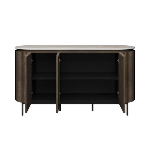 Modern travertine ceramic sideboard interior storage with open doors