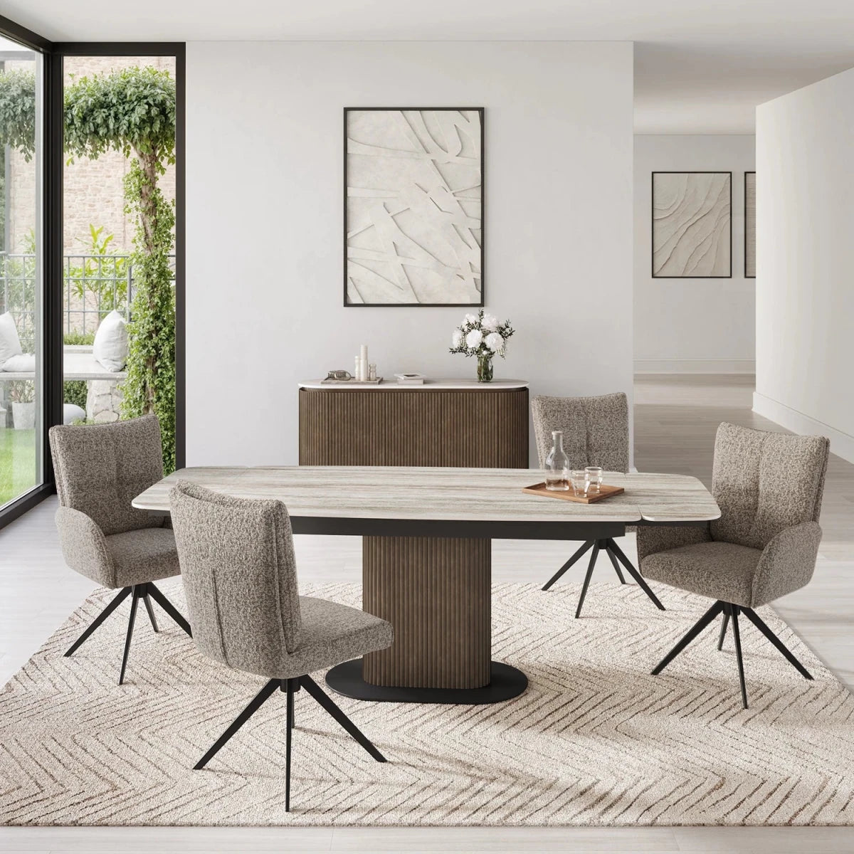Umbria Petra Travertine Top Wooden Fluted base Extending Dining Table with Swivel Arm Chairs