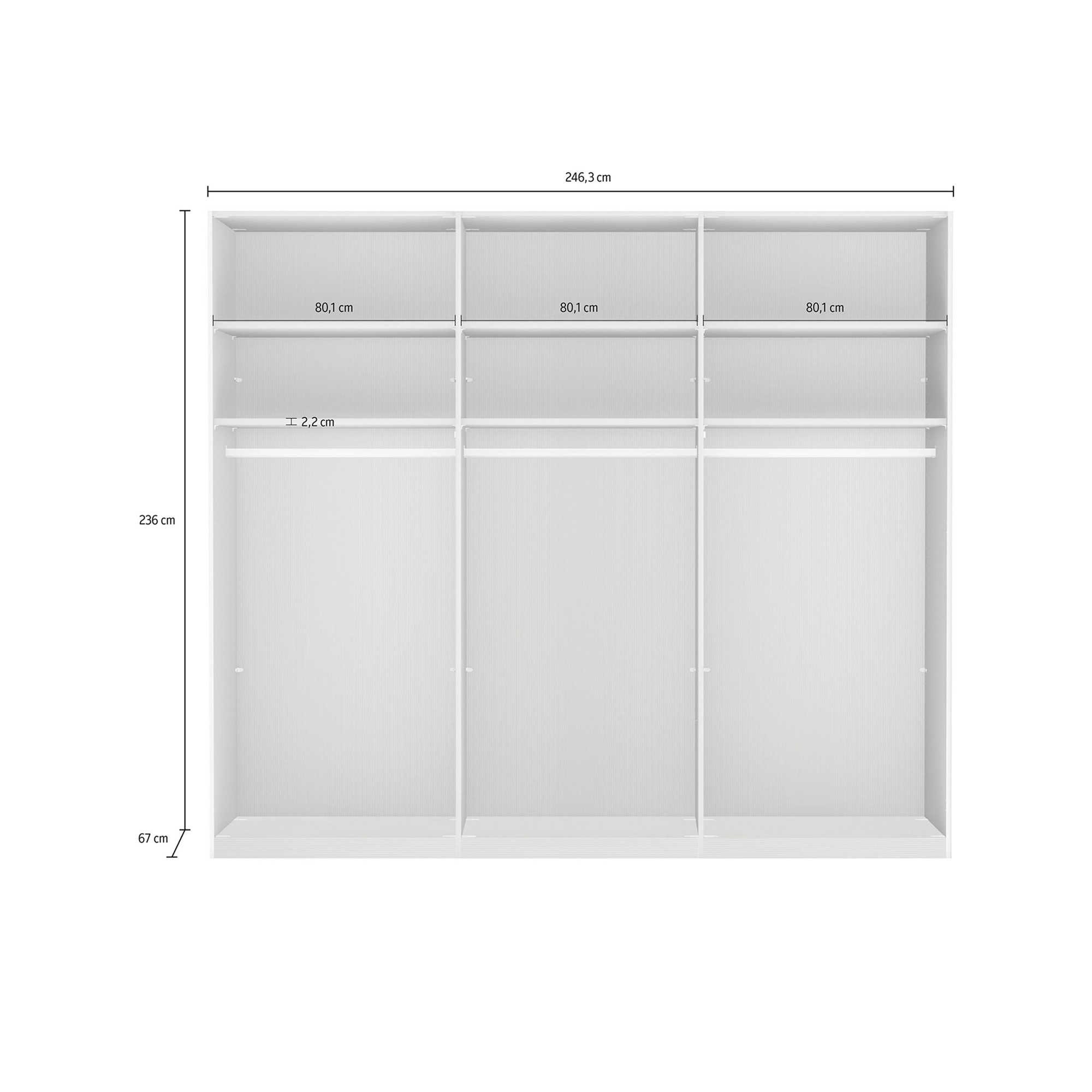 Monroe Bianco Oak 3 Door Sliding Wardrobe with Mirror, Available in 4 width sizes 225, 250, 280, 300 and 2 Height sizes 217 and 236-Overall Measurement Image