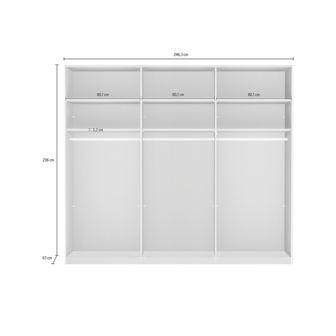 Monroe Bianco Oak 3 Door Sliding Wardrobe with Mirror, Available in 4 width sizes 225, 250, 280, 300 and 2 Height sizes 217 and 236-Overall Measurement Image