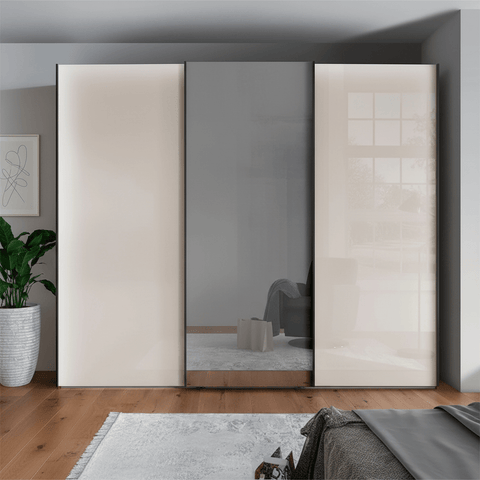 Monaco 3000 Bianco Oak Champagne Glass Triple Sliding Door Wardrobe with Mirror