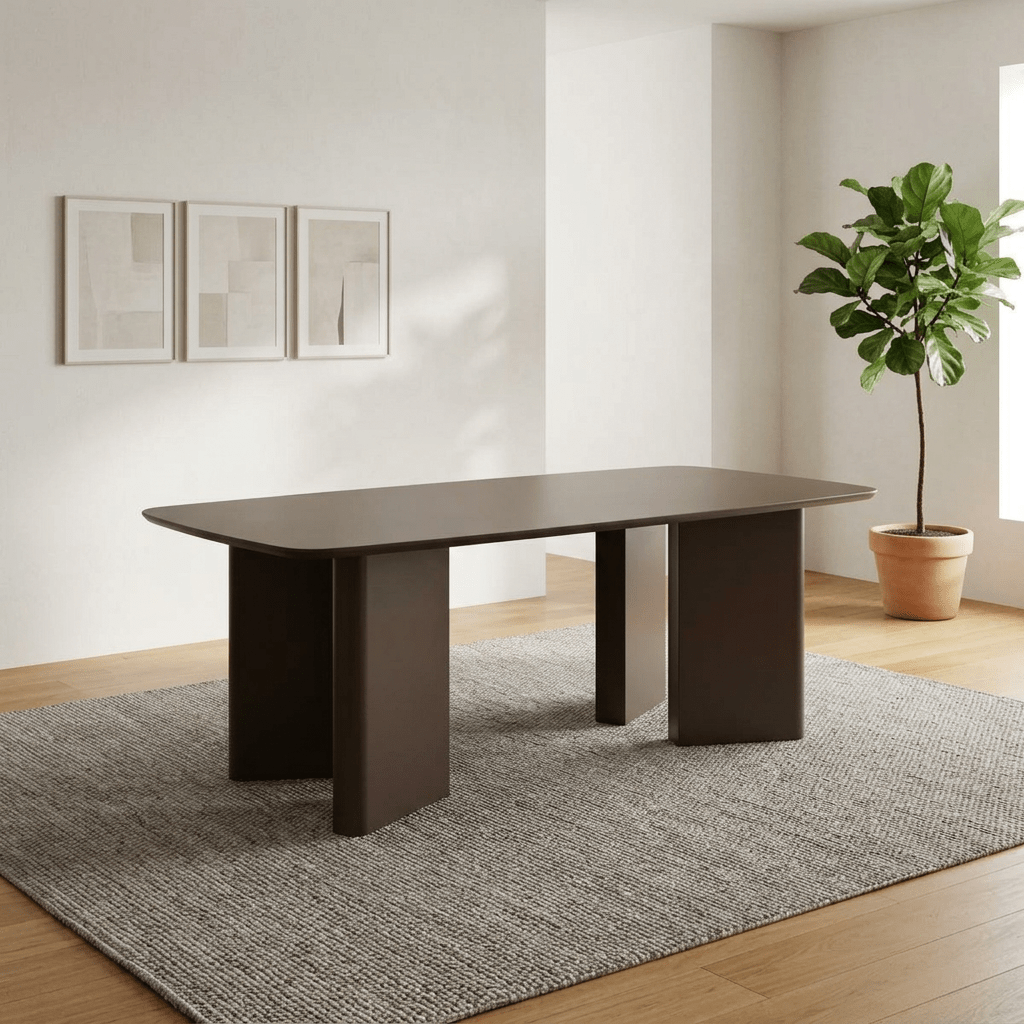 Shop the Morocco 200cm matt chocolate dining table with a sculptural dual pedestal base, rounded corners and contemporary architectural design.