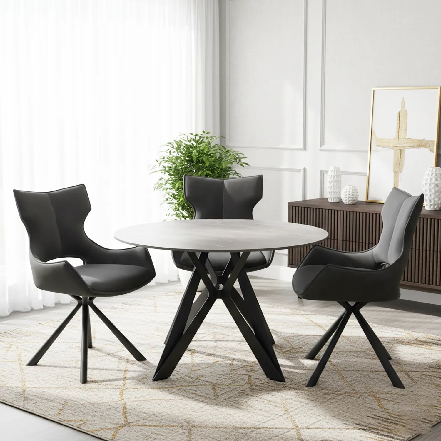 Murano Grey Sintered Stone Round Dining Table with 4 Tripoli Chairs - Pendle Village Furniture